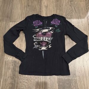 Y2K Sinful Thermal Rhinestone Skull Roses‎ Dagger Heart Long Sleeve Top Large